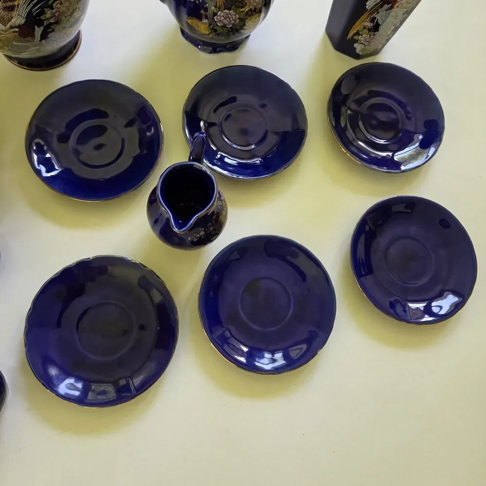 Vintage Hand Spray KT in Glaze Cobalt Blue Japanese 17 Pc. Tea Set 1960’s